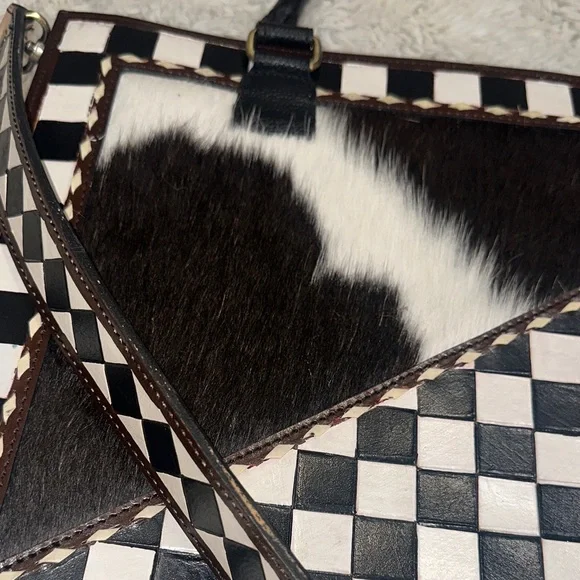 GORGEOUS Black & White Checkerboard Leather Tote with Haircalf Accent - Picture 3 of 5